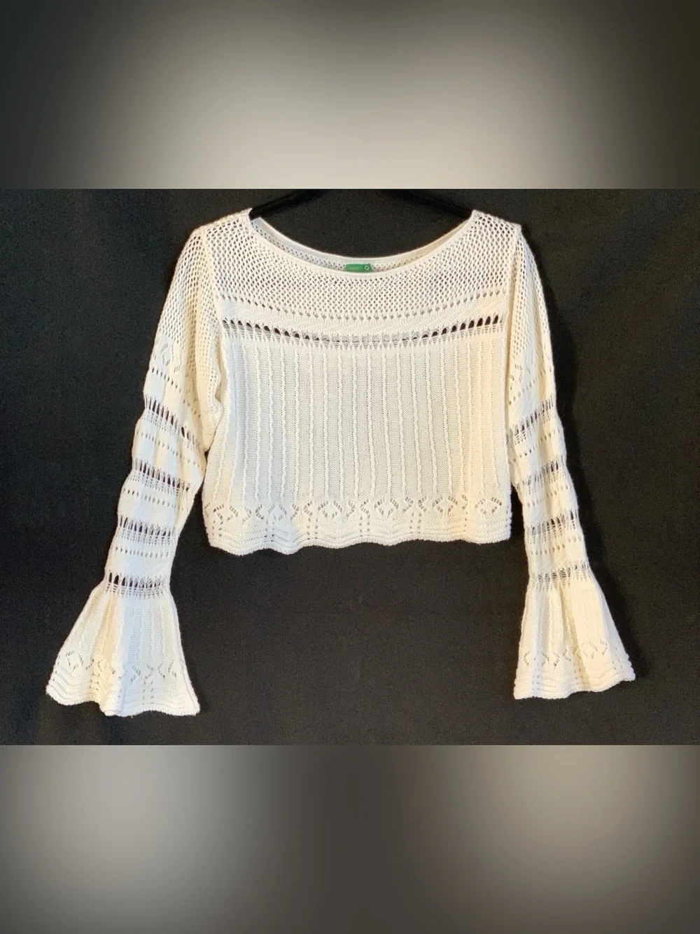 FARM RIO open crochet crop top with flared long sleeves white -size M